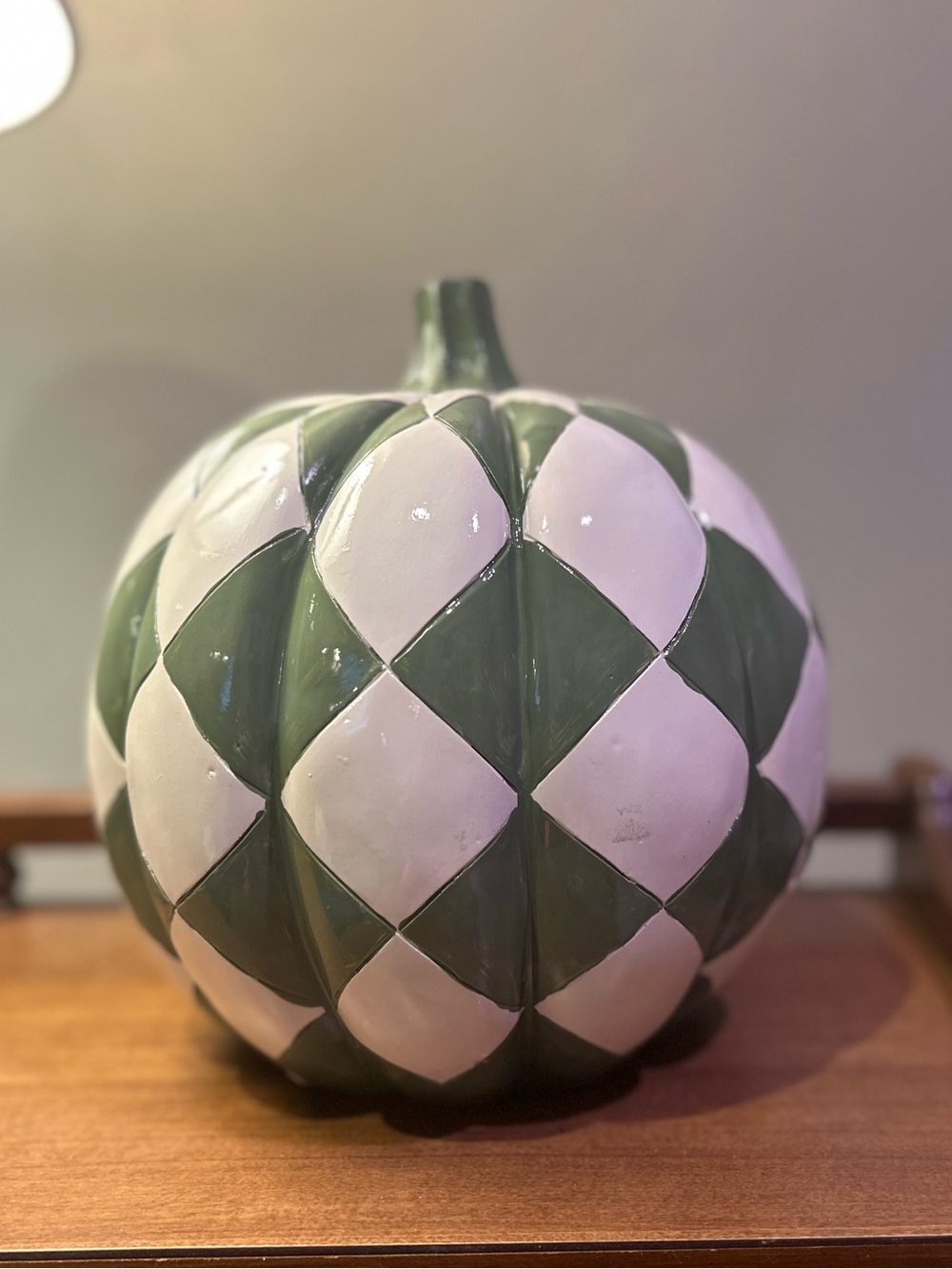 HAYMARKET SQUARE 10in Green And White Ceramic Checkerboard Pumpkin Decor NWTS